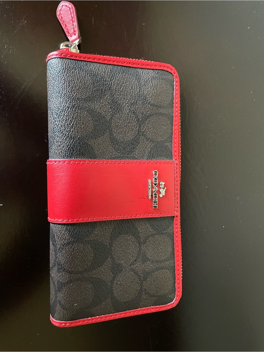 Coach Brown Signature Wallet with Red Trim and Strap